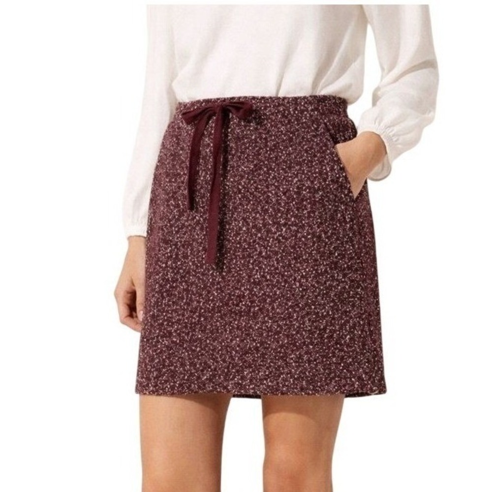 Loft Burgundy Marled Boucle Knit Mini Skirt Drawstring Waist Size M NEW
